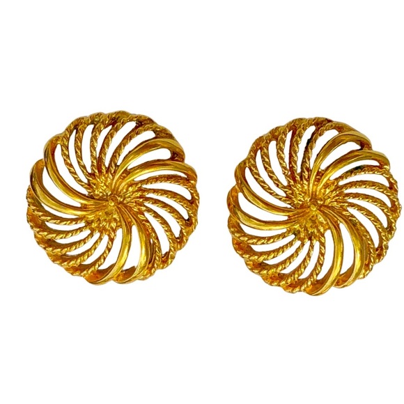 Vintage Napier Spiral Pinwheel Earrings, Gold Tone Filigree Button Studs - Picture 2 of 5